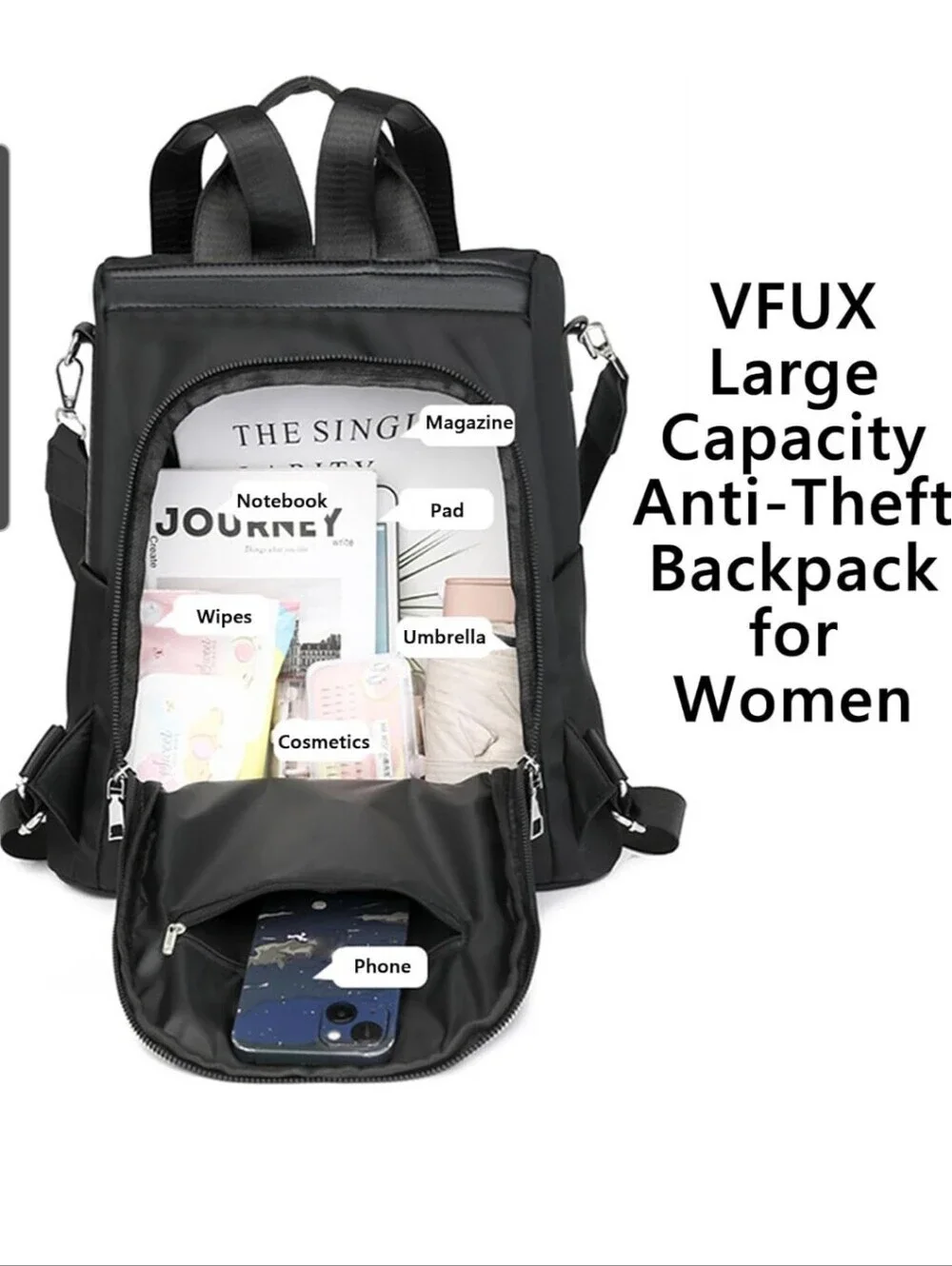 Amazon Women's Black Nylon Anti-theft Backpack with Silver Emblem